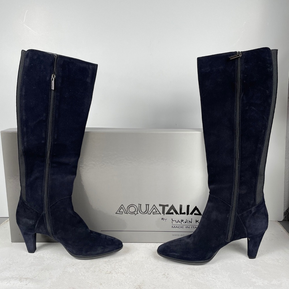 Aquatalia Boots Womens 11 Navy Blue Danica Suede Tall Knee High Heel L0664 Italy